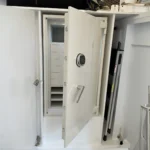 Close-up of a high-security lock mechanism on a custom-made safe