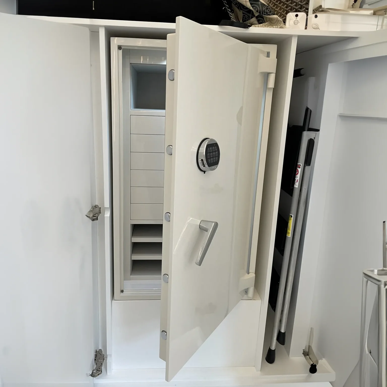 Close-up of a high-security lock mechanism on a custom-made safe